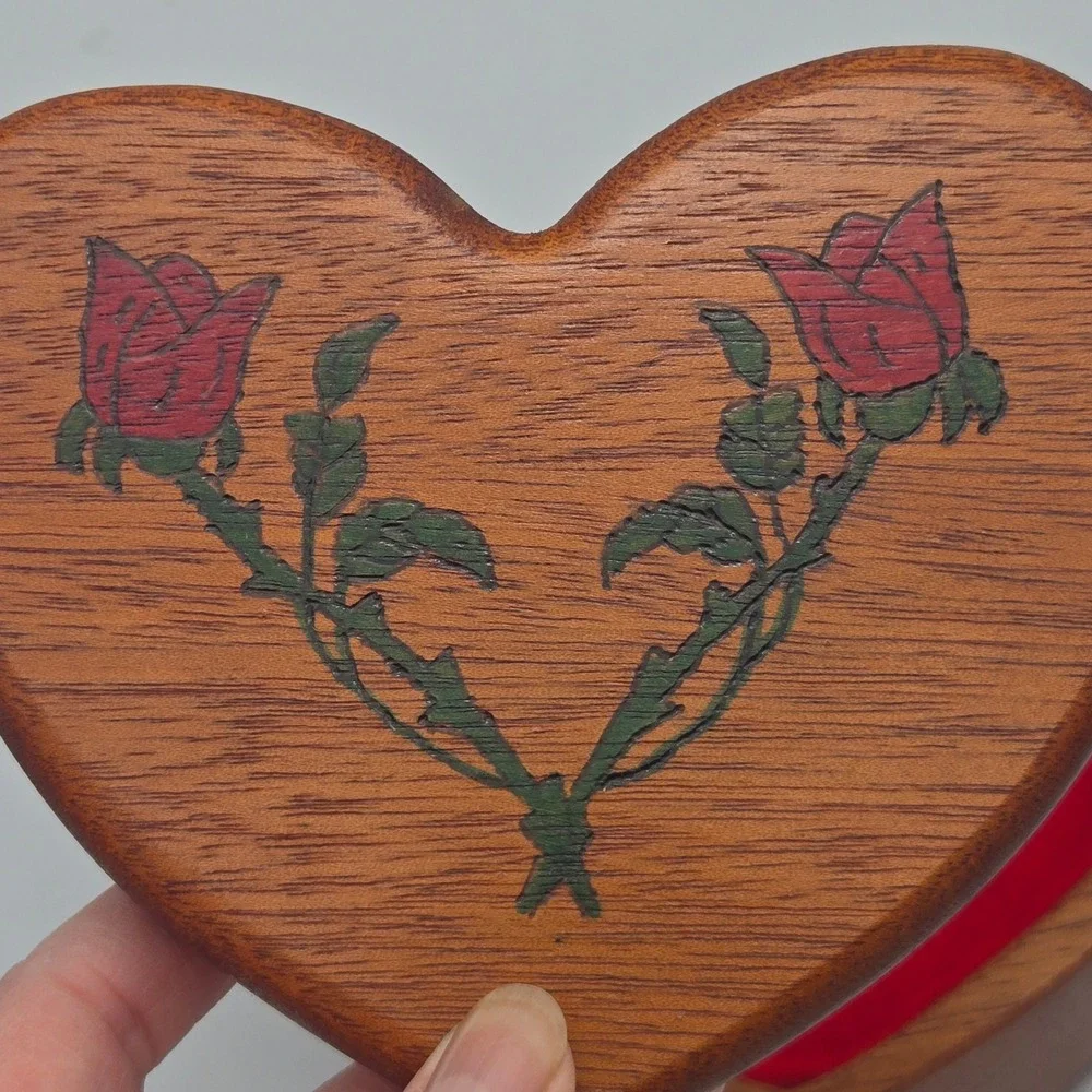 Vintage Handmade Heart Shaped Wood Trinket Box Rose Details Felt Lined Cottage